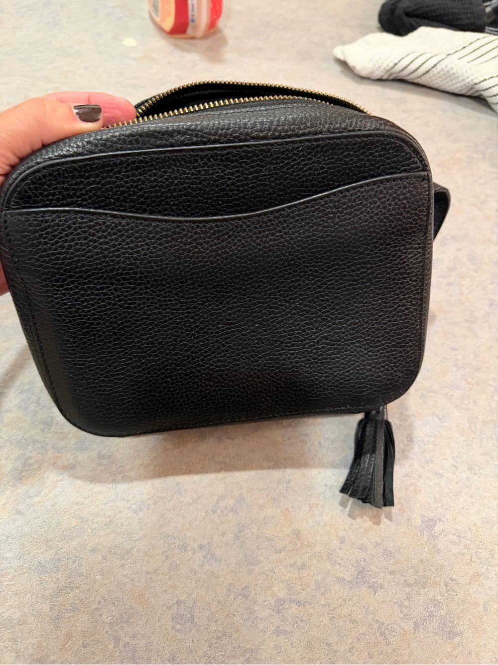 Cuyana Black Pebbled Leather Camera Bag Single Zip Tassel Crossbody Purse EUC